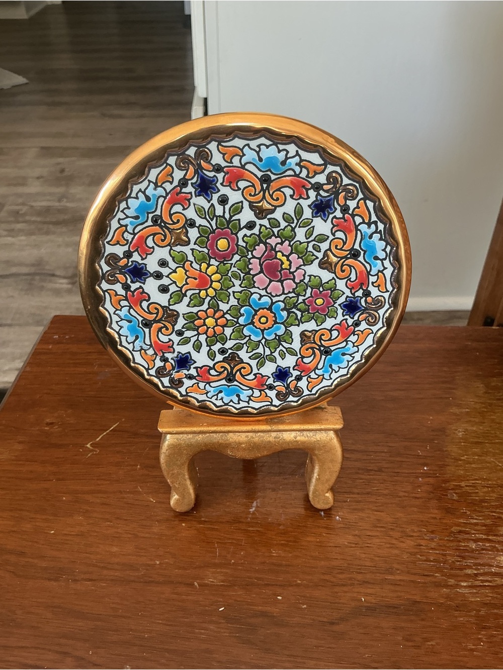 Cearco Spanish Ceramic Collector Plate Hand Painted Gold Trim Bird Floral Motif